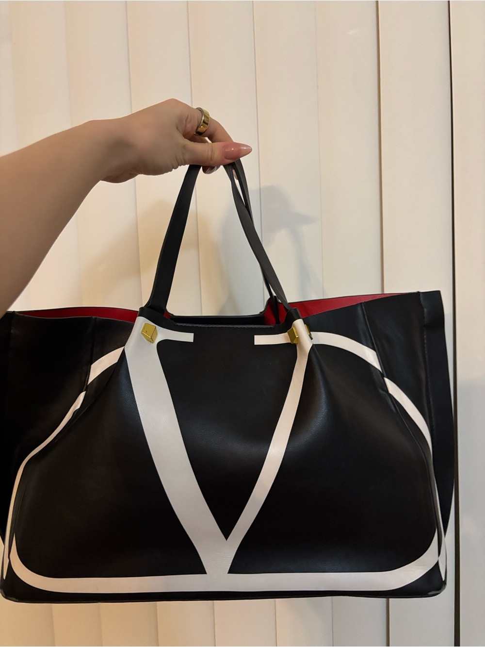 Valentino Garavani Black Leather Tote with White Logo and Red Interior